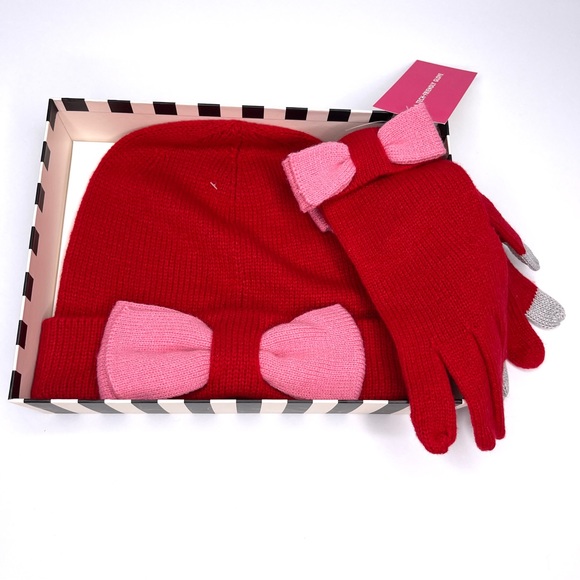 KATE SPADE Beanie Hat and Glove Colorblock Bow Set NEW Charm Red & Pink